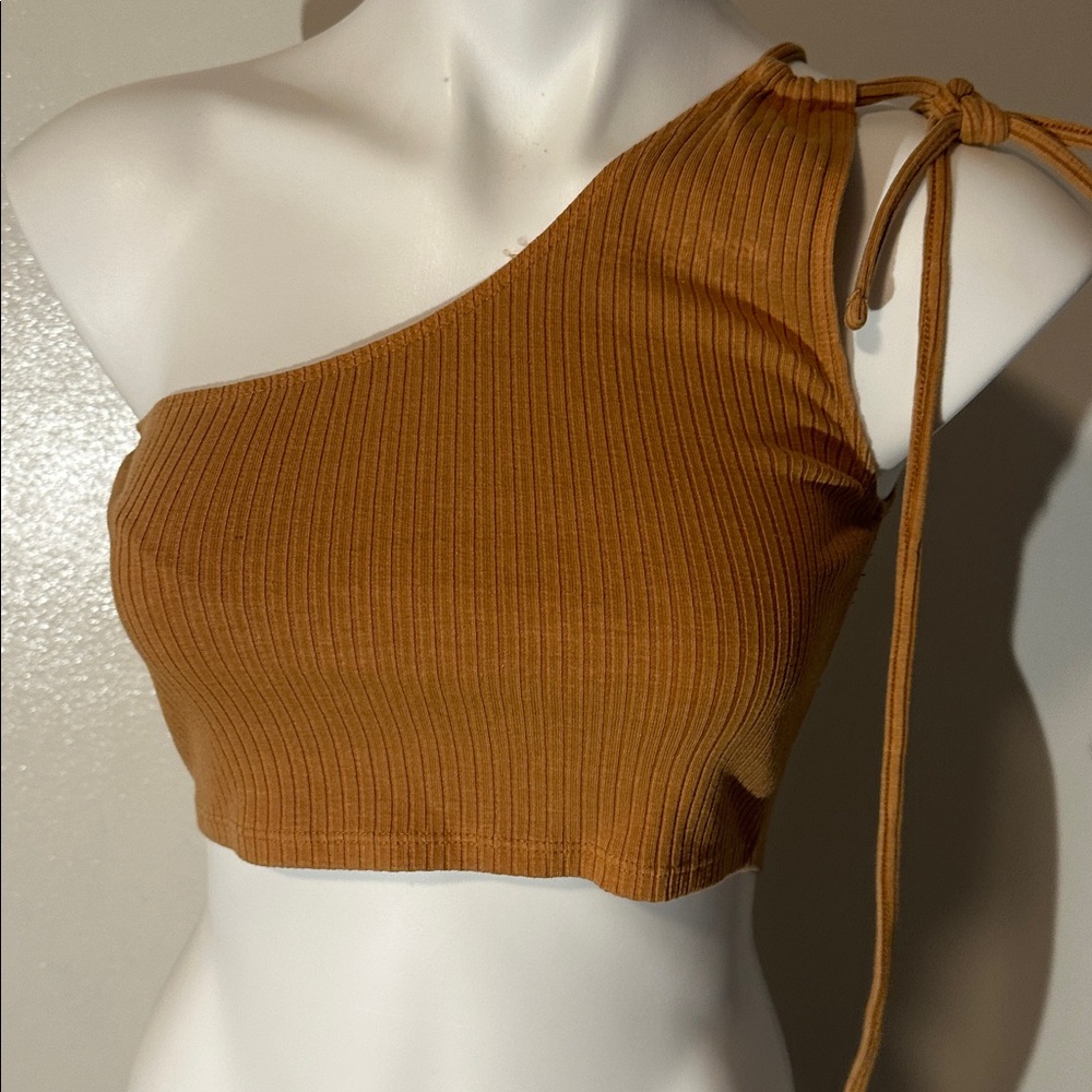 Brown Ribbed One-Shoulder Top - Picture 1 of 5